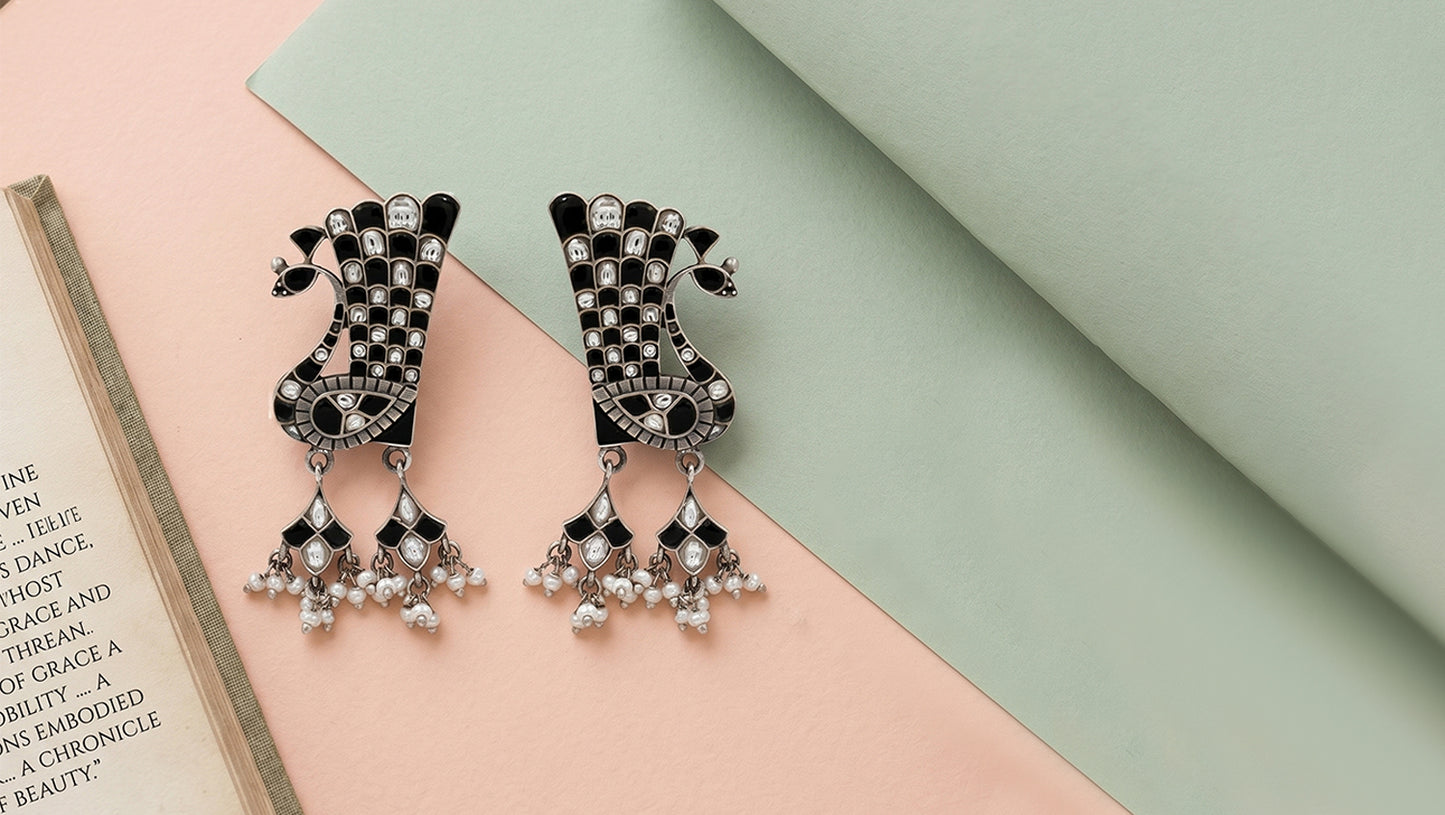 Sangeeta Boochra Artisan Kundan Earrings with Peacock Motif & Pearl Detailing