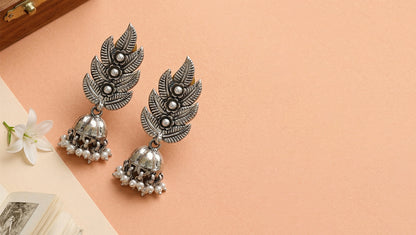 Sangeeta Boochra Leaf Motif Oxidised Silver Jhumka Earrings