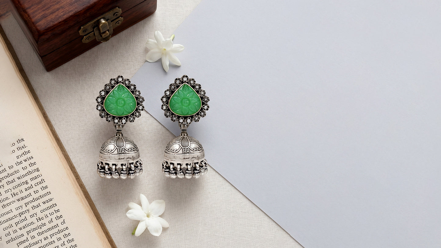 Sangeeta Boochra Floral Green Stone Oxidised Silver Jhumka Earrings