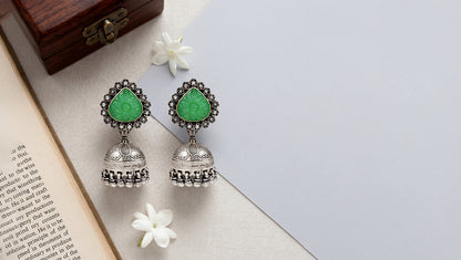 Sangeeta Boochra Floral Green Stone Oxidised Silver Jhumka Earrings