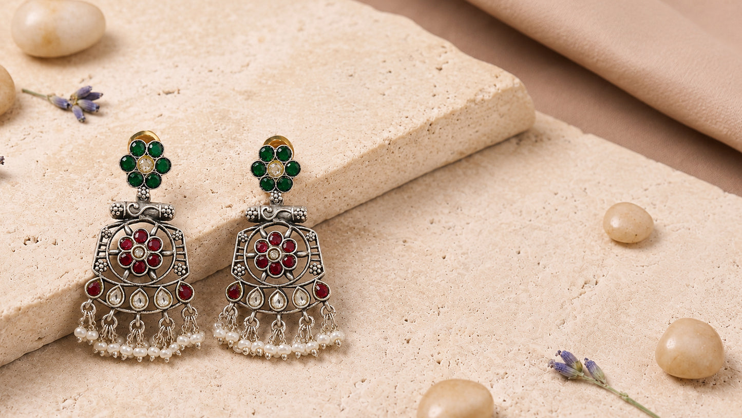 Sangeeta Boochra Handcrafted Sterling Silver Kundan Earrings with Pearl Drops