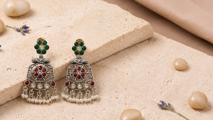 Sangeeta Boochra Handcrafted Sterling Silver Kundan Earrings with Pearl Drops