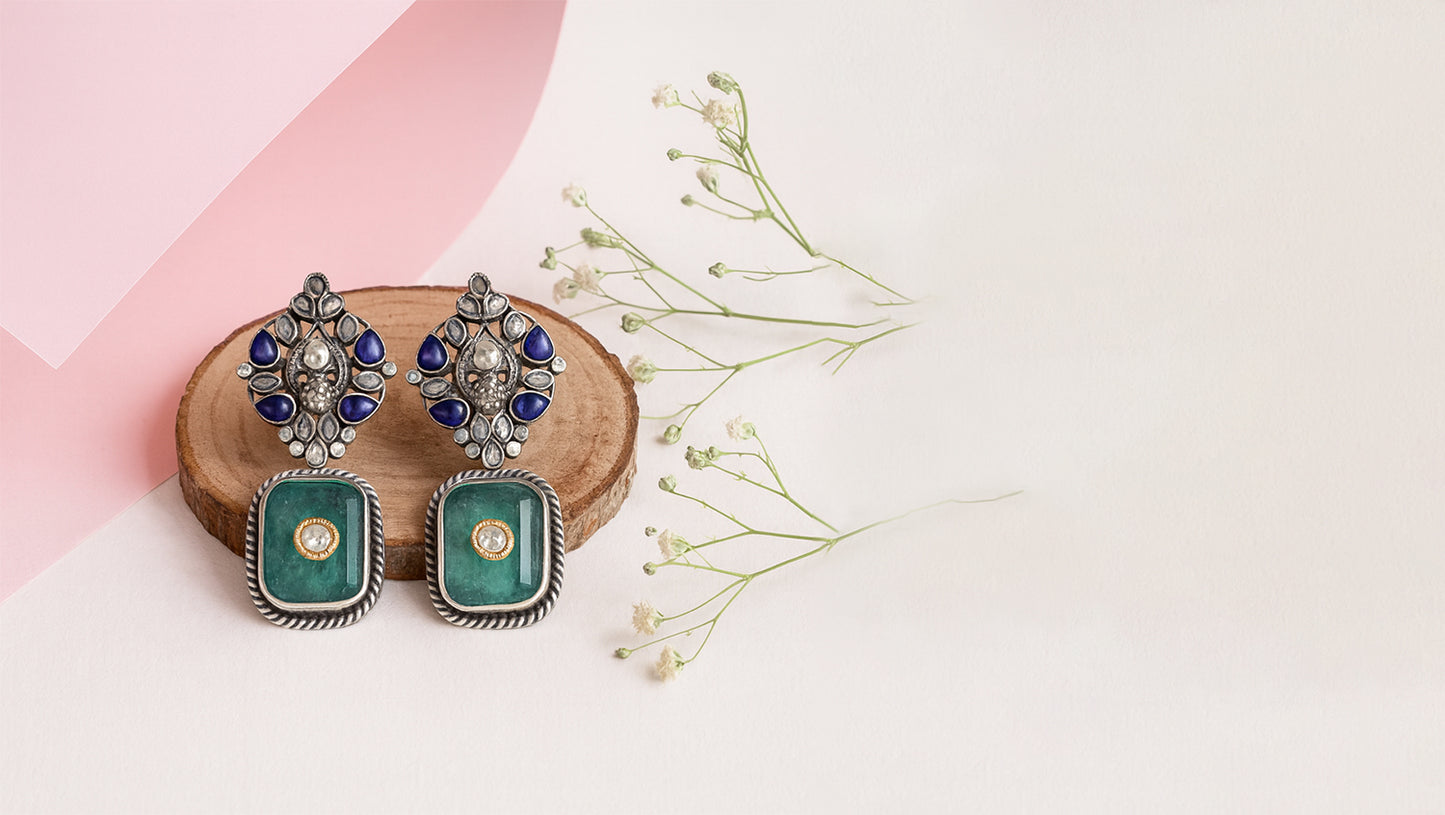 Oxidised Silver Floral Earrings with Green Gemstone – Sangeeta Boochra