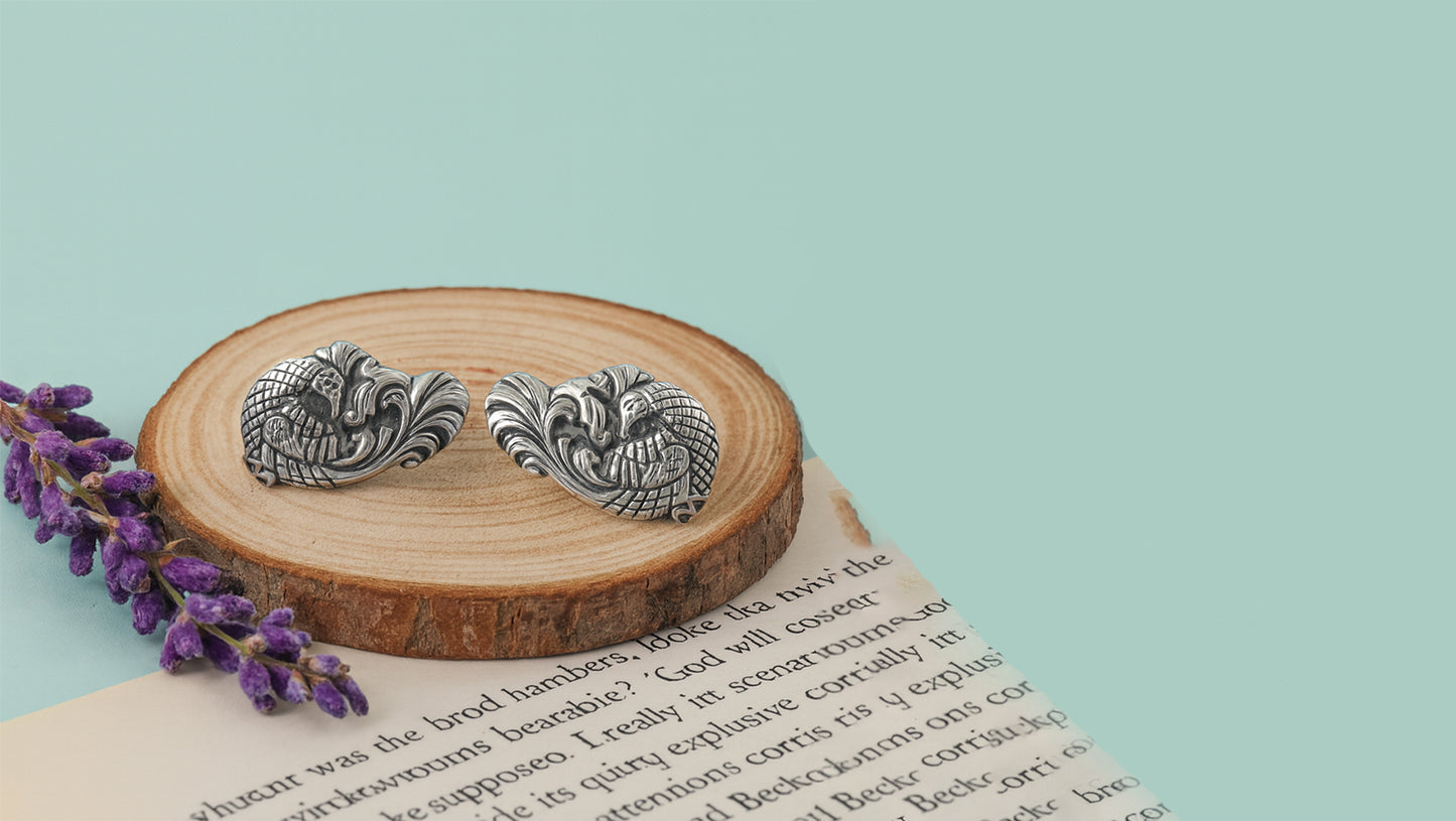 Royal Peacock Motif Silver Stud Earrings
