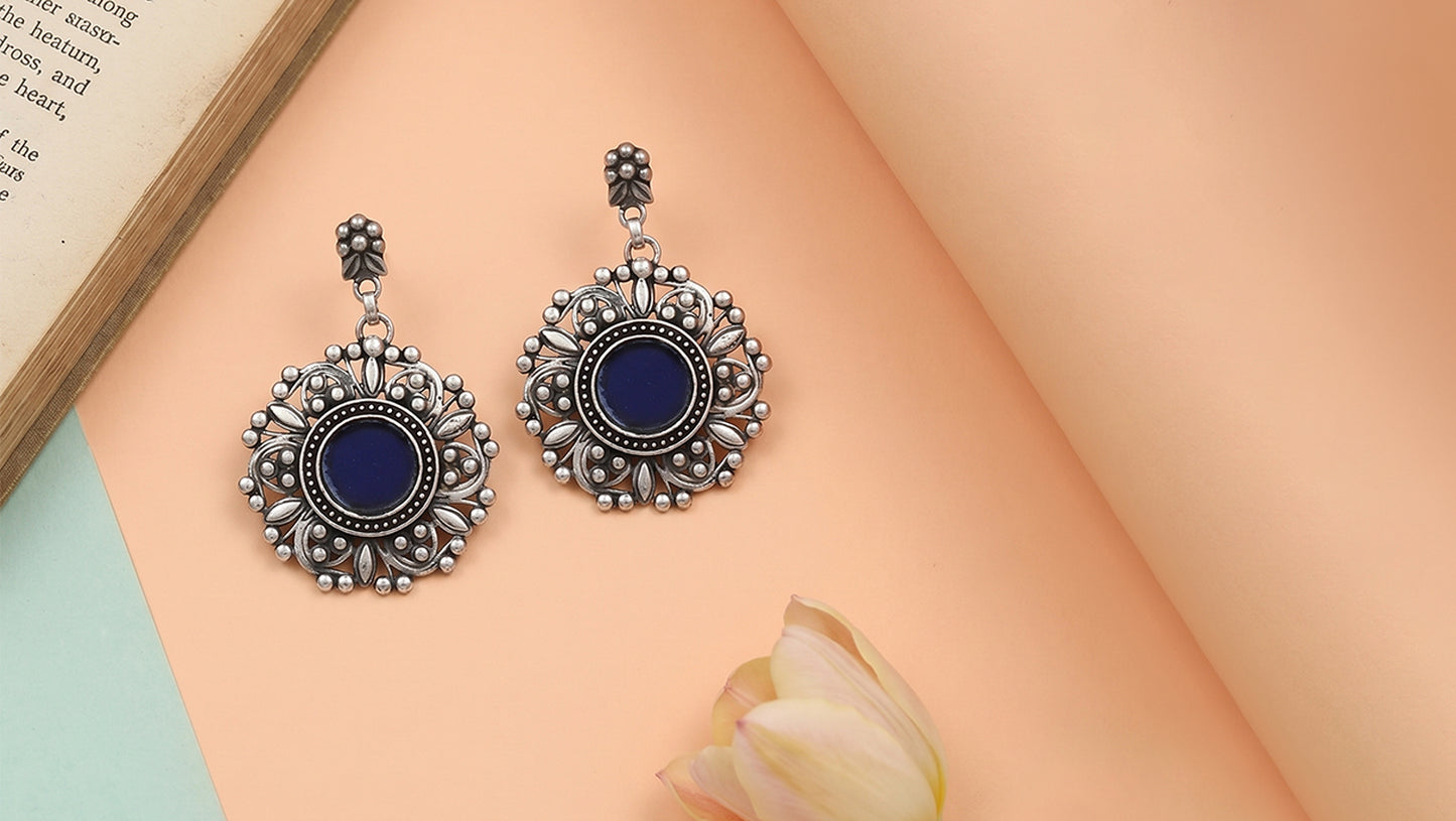 Sangeeta Boochra Artisan Silver Earrings with Blue Center Stone