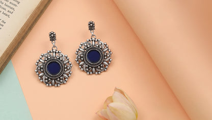 Sangeeta Boochra Artisan Silver Earrings with Blue Center Stone