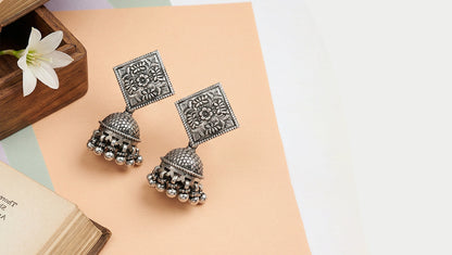 Sangeeta Boochra Artisan Oxidised Silver Square Stud Jhumkas