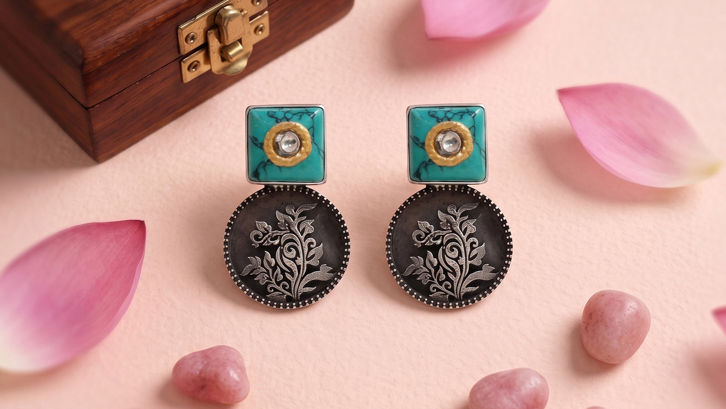 Sangeeta Boochra Turquoise Stone Oxidized Sterling Silver Earrings