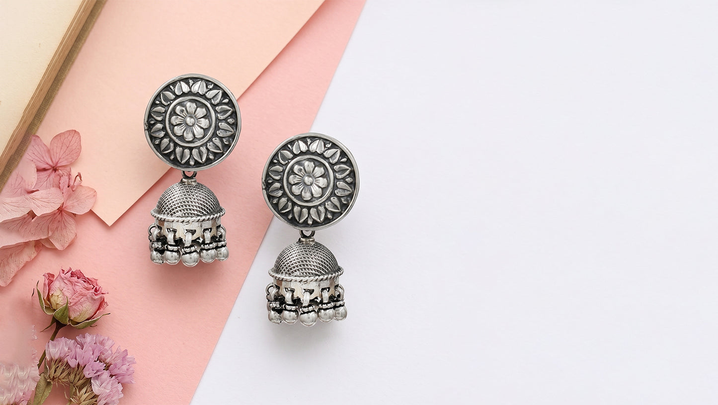 Ethnic Flower Motif Silver Jhumkas by Sangeeta Boochra
