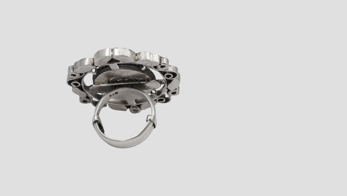 Sangeeta Boochra Sterling Silver Ring with Peacock Artwork & Stone Detailing