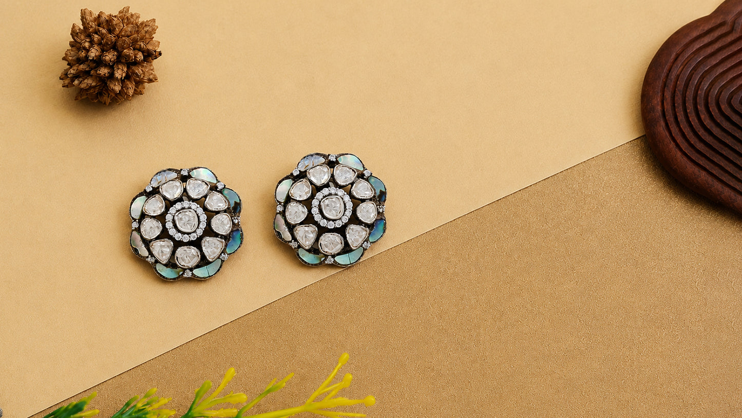 Sterling Silver Floral Stud Earrings with Mother of Pearl & Moissanite | Sangeeta Boochra