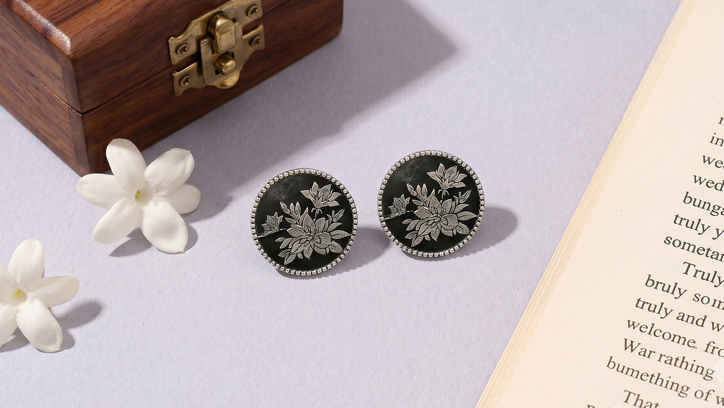 Sangeeta Boochra Lotus Bloom Oxidised Silver Stud Earrings