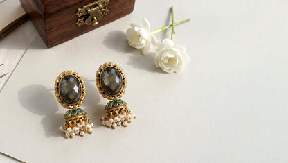 Sangeeta Boochra Gold Plated Labradorite Stone & Pearl Jhumka Earrings