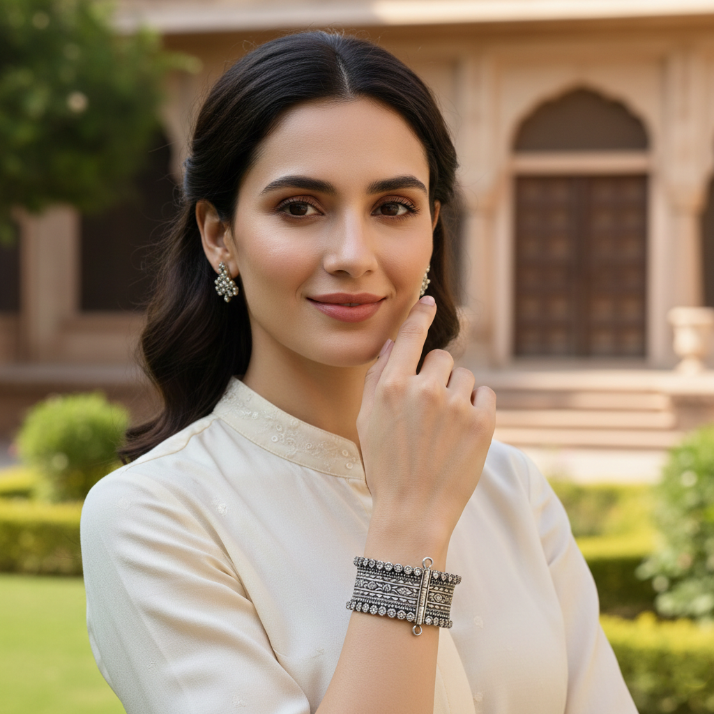 Sangeeta Boochra Handcrafted Oxidised Silver Floral Engraved Hinged Bangle