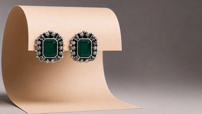 Sangeeta Boochra Oxidised Sterling Silver Emerald Green Statement Stud Earrings