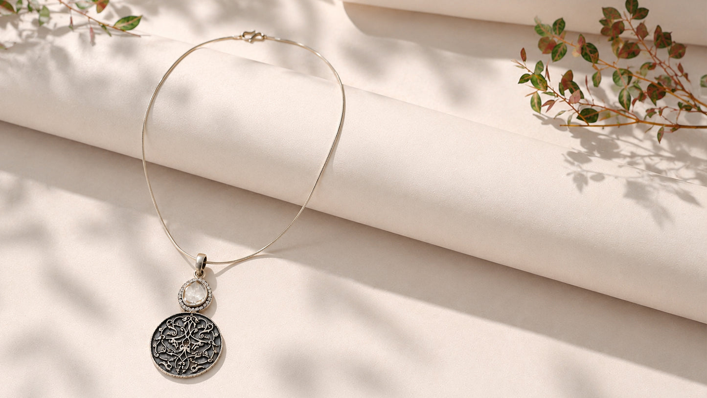 Sangeeta Boochra Handcrafted Oxidised Silver Engraved Pendant with Moissanite