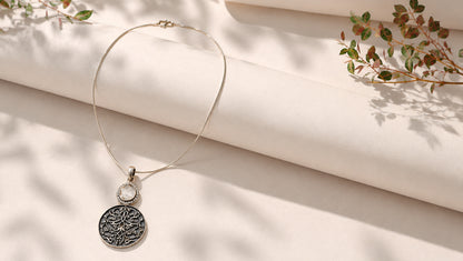 Sangeeta Boochra Handcrafted Oxidised Silver Engraved Pendant with Moissanite