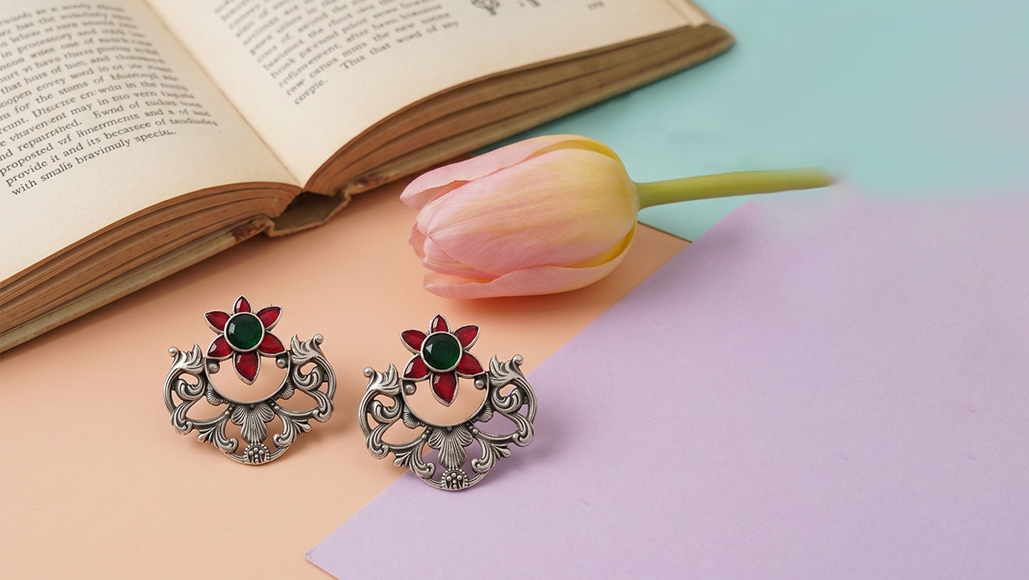 Sangeeta Boochra Artisan Oxidised Silver Kundan Statement Earrings