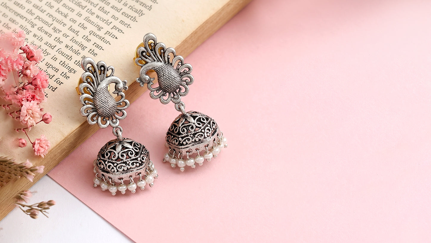 Sangeeta Boochra Peacock Motif Silver Jhumka Earrings