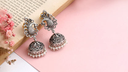 Sangeeta Boochra Peacock Motif Silver Jhumka Earrings