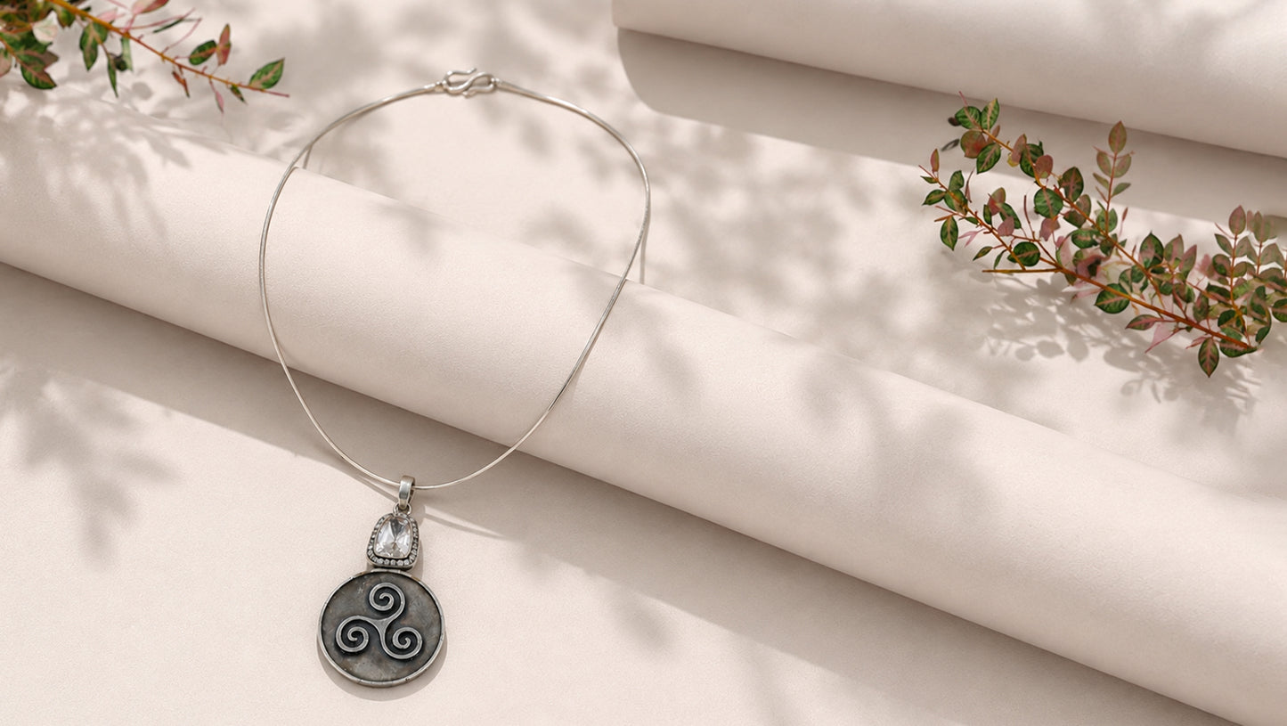 Sangeeta Boochra Sterling Silver Oxidised Spiral Pendant with Moissanite