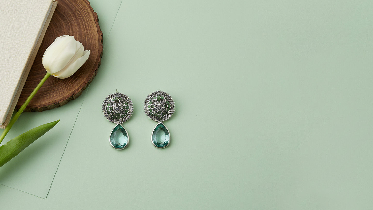 Sangeeta Boochra Oxidised Silver Aqua Drop Statement Earrings