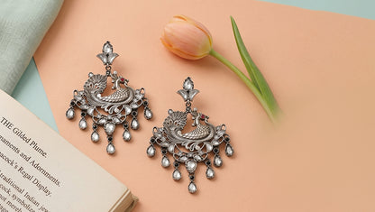 Sangeeta Boochra Oxidised Silver Peacock Motif Statement Earrings