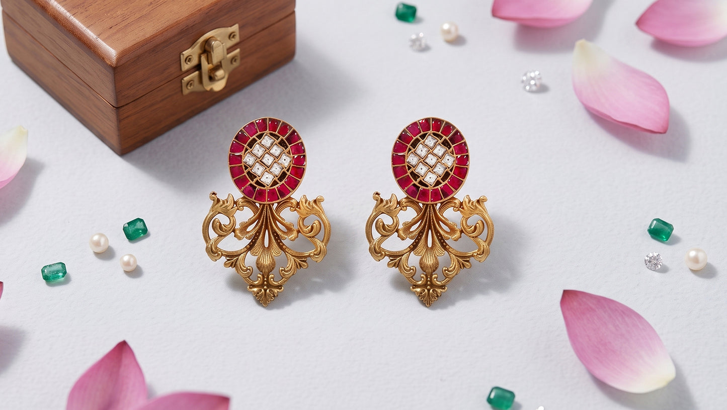 Sangeeta Boochra Gold Plated 925 Silver Red & White Kundan Statement Earrings