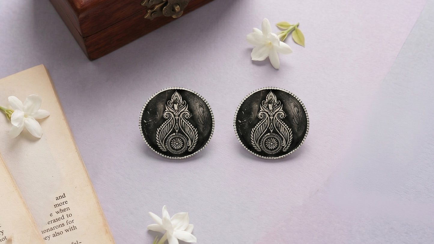 Sangeeta Boochra Heritage Bloom Oxidised Silver Round Stud