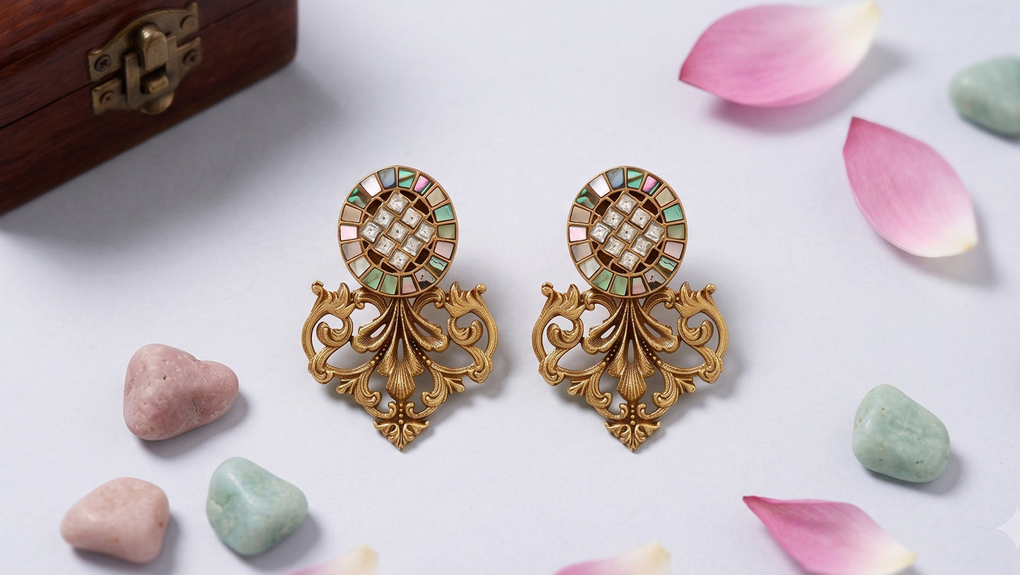 Sangeeta Boochra Gold Plated 925 Silver Kundan & Mother of Pearl Statement Earrings