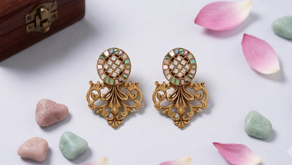 Sangeeta Boochra Gold Plated 925 Silver Kundan & Mother of Pearl Statement Earrings