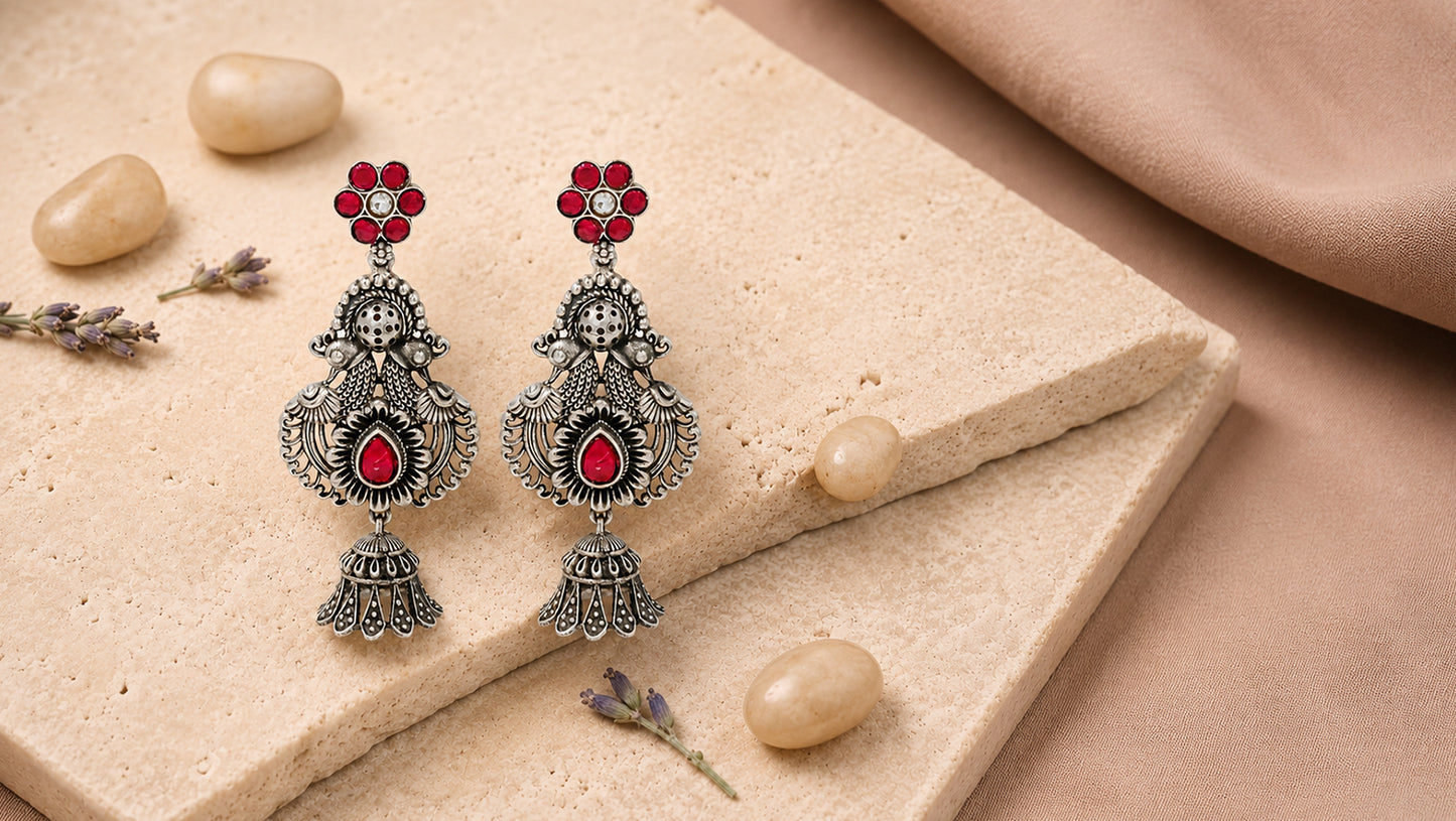 Sangeeta Boochra Handcrafted Peacock Silver Earrings with Ruby Kundan Detailing