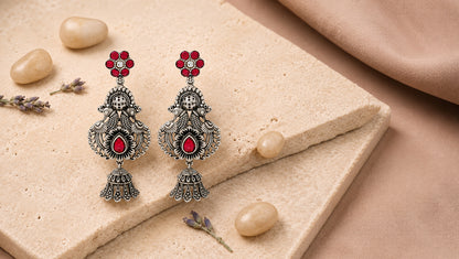 Sangeeta Boochra Handcrafted Peacock Silver Earrings with Ruby Kundan Detailing