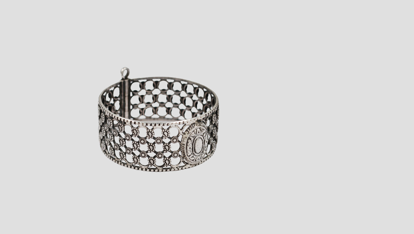 Sangeeta Boochra Intricate Floral Oxidised Silver Openable Bangle