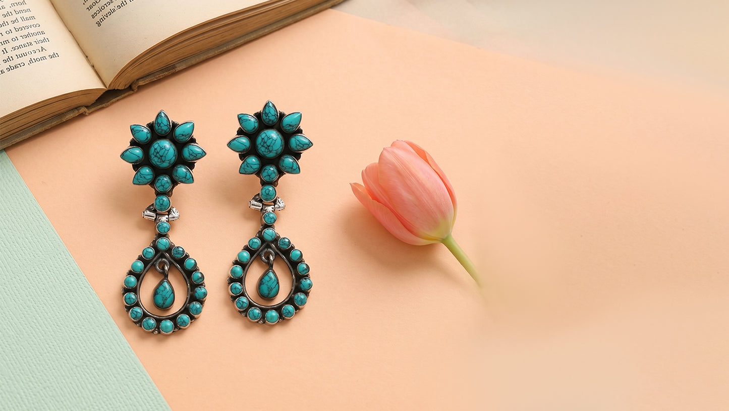 Sangeeta Boochra Bohemian Turquoise Stone Silver Earrings