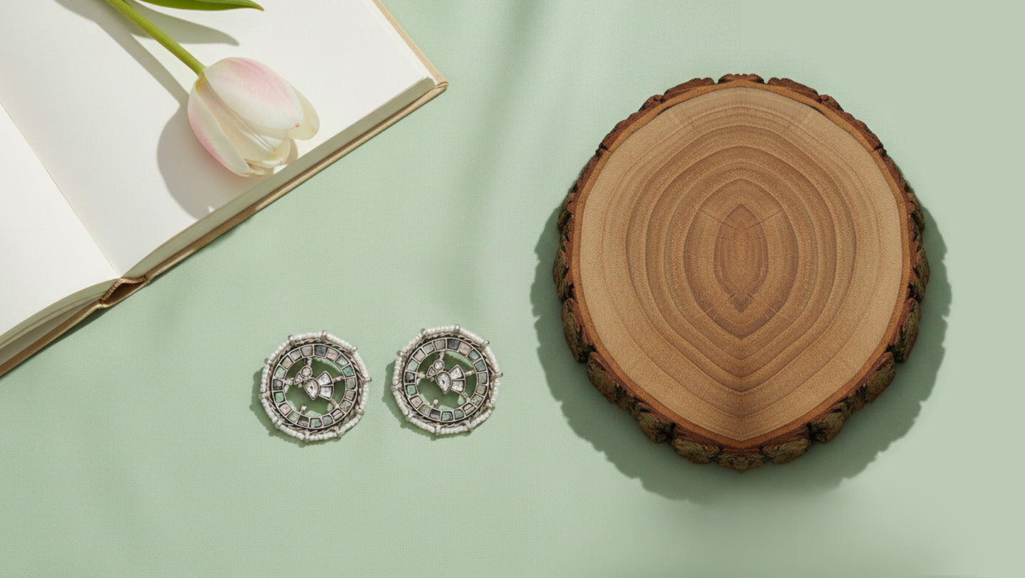 Sangeeta Boochra Circular Silver Stud Earrings with Pearl Detailing