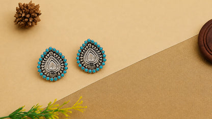 Sangeeta Boochra Oxidised Silver Stud Earrings with Turquoise Stone Detailing