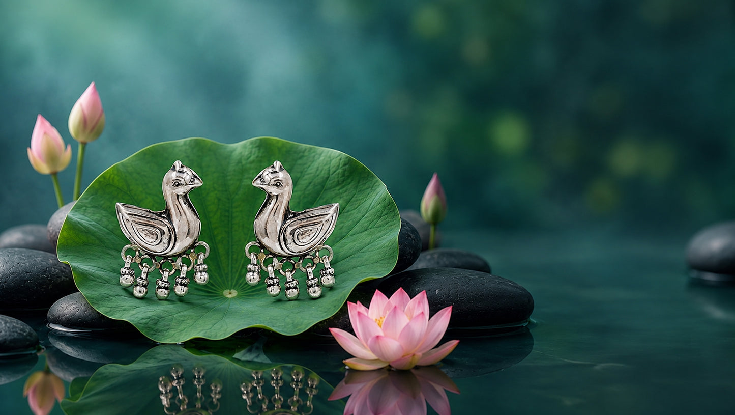 Sangeeta Boochra Handcrafted Oxidised Sterling Silver Peacock Motif Earrings