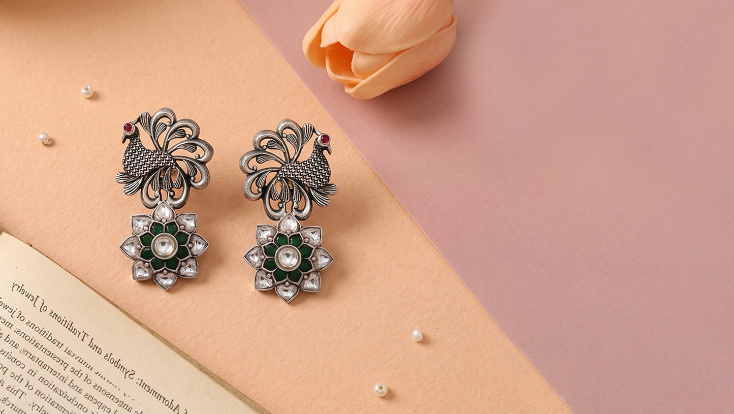 Sangeeta Boochra Handcrafted Peacock Motif Kundan Silver Earrings