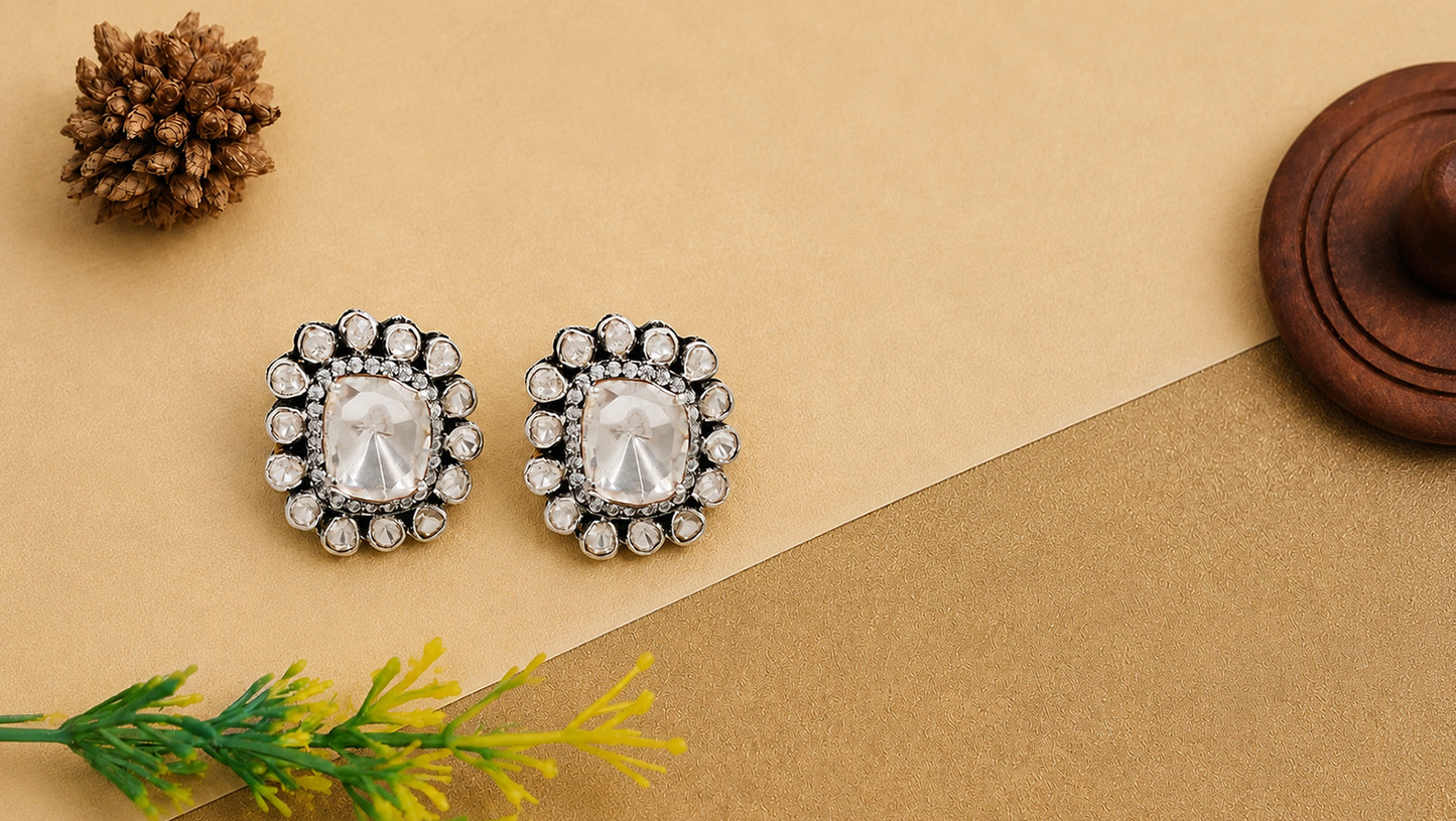 Sangeeta Boochra Artisan Sterling Silver Moissanite Floral Stud Earrings