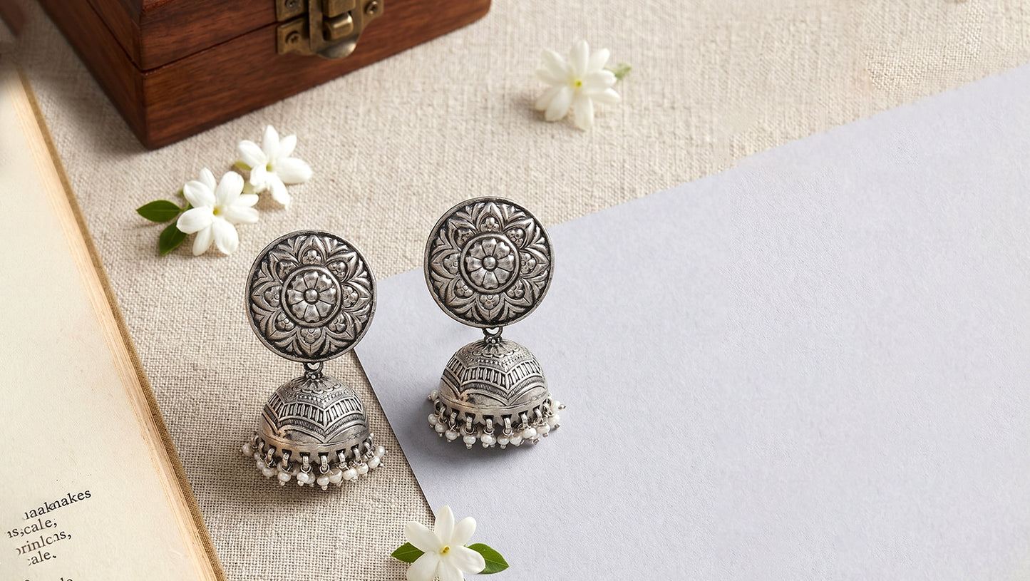 Sangeeta Boochra Floral Oxidised Silver Jhumka Earrings with Pearl Drops