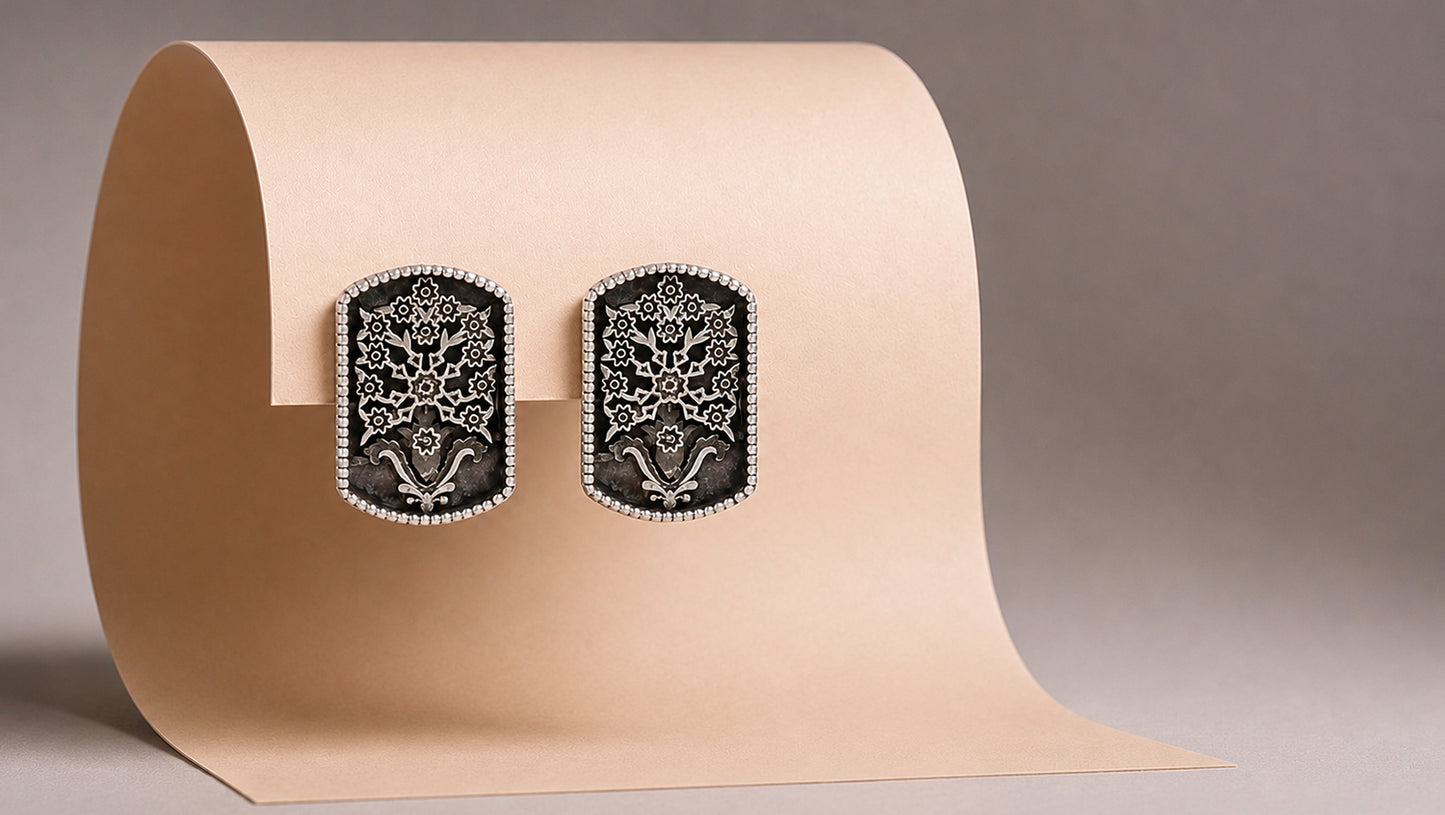 Sangeeta Boochra Handcrafted Oxidised Silver Floral Statement Stud Earrings