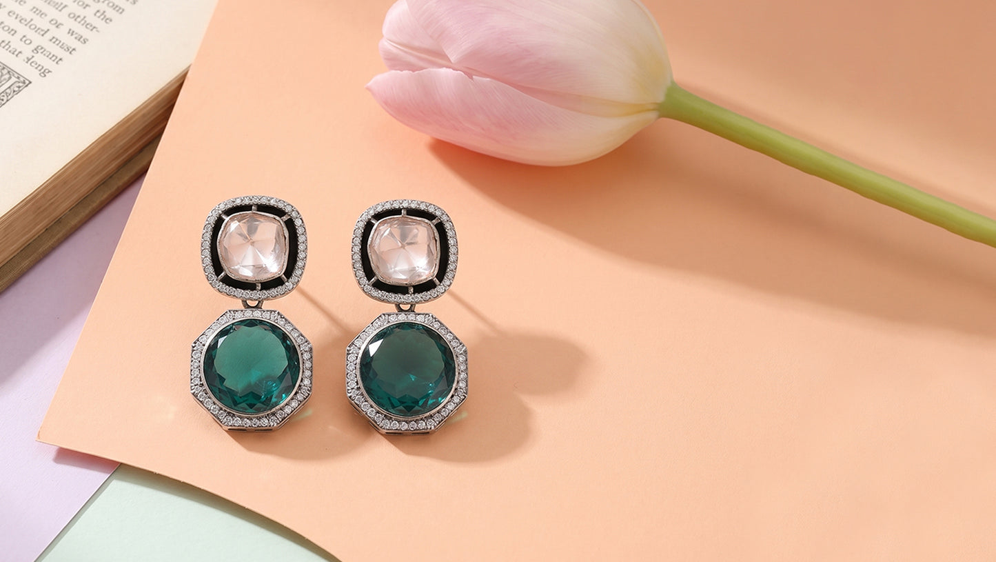 Sangeeta Boochra Moissanite & Emerald Green Drop Silver Earrings
