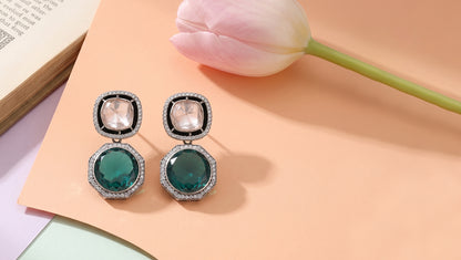 Sangeeta Boochra Moissanite & Emerald Green Drop Silver Earrings