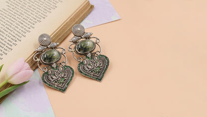 Sangeeta Boochra Heritage Oxidised Silver Green Stone Dangle Earrings