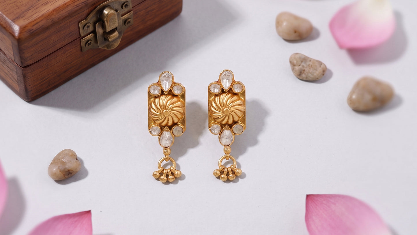 Sangeeta Boochra Gold Plated Silver Floral Statement Earrings with Moissanite Detailing