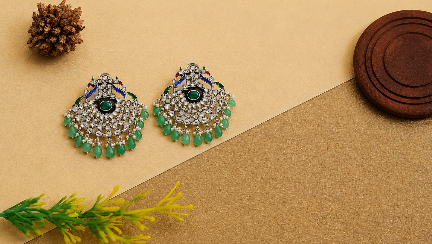 Sangeeta Boochra Handcrafted Peacock Motif Kundan Silver Earrings with Green Bead Drops