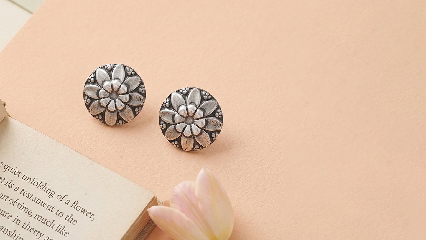 Sangeeta Boochra Oxidised Silver Floral Stud Earrings