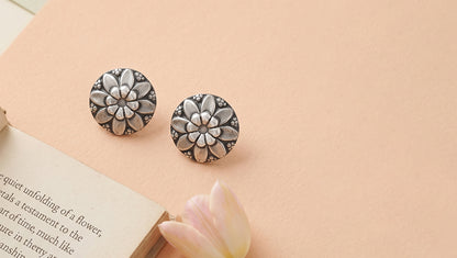 Sangeeta Boochra Oxidised Silver Floral Stud Earrings