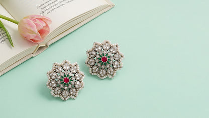 Sangeeta Boochra Artisan Kundan Silver Stud Earrings with Pearl Border